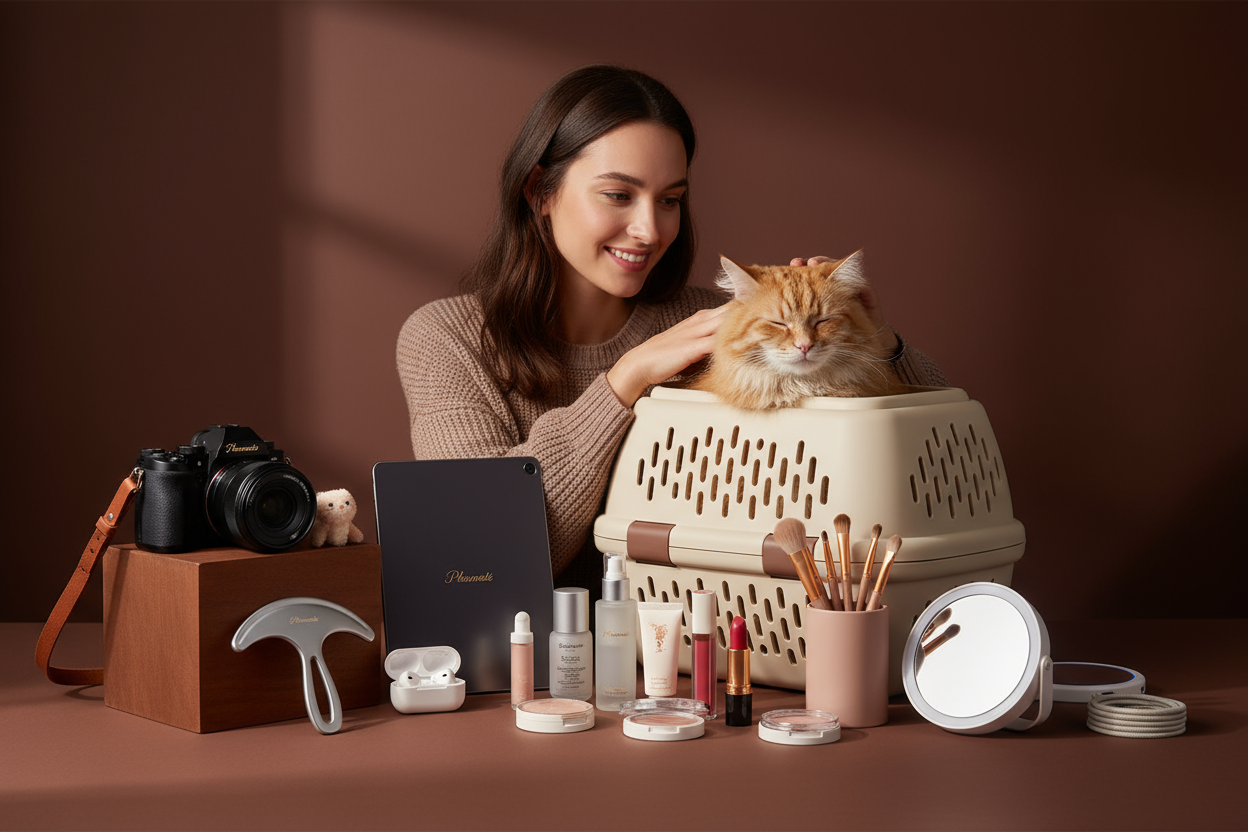 Pleumate pet products ,beauty product and gadgets with a cat and women, carrier, camera, and pet comb on an brown background.